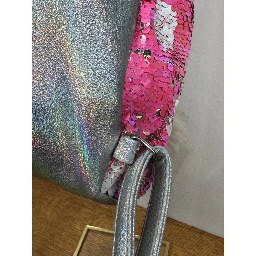 Justice Backpack Pink Sequined With‎ Fob EUC